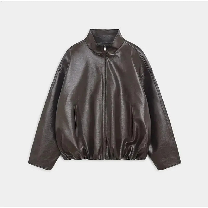 Stand Collar Faux Leather Jacket