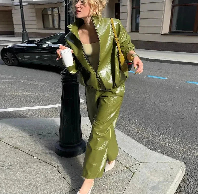 Stand Collar Faux Leather Jacket